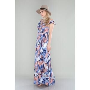 Navy Tropical Print Wrap Maxi Dress